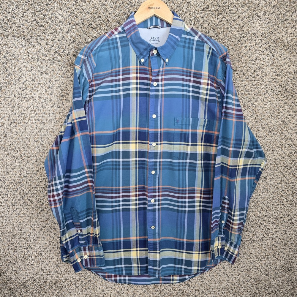 Izod‎ Saltwater Shirt Mens Large Blue Plaid Button Down Relaxed Classic Cotton